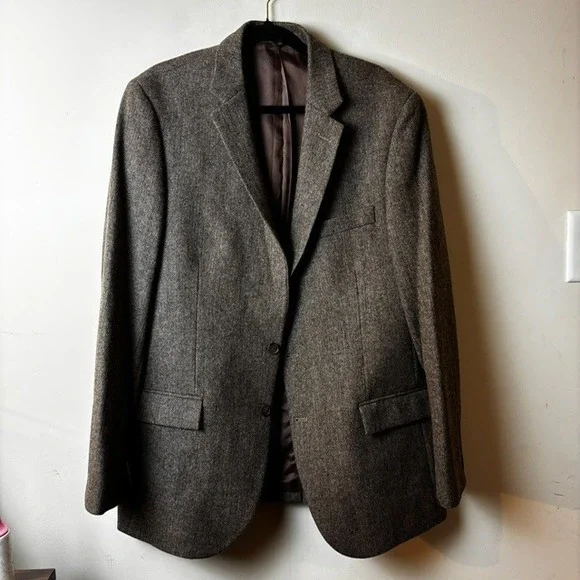 Mens‎ J Crew 44L Wool Blend Herringbone Blazer Sport Jacket Brown Two Button